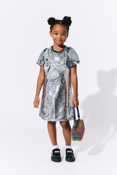 Sparkling Silver Sequin Bow Dress