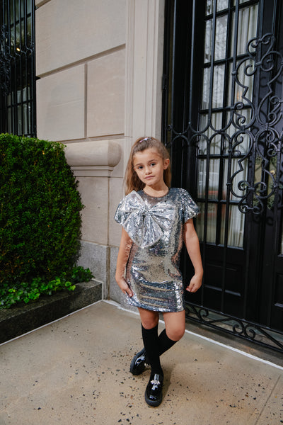 Sparkling Silver Sequin Bow Dress