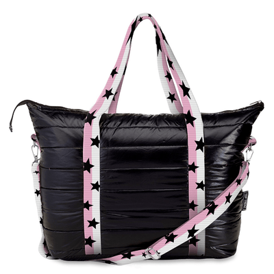 Top Trenz Accessories Pink White Split Star Straps Black Puffer Tote Bag