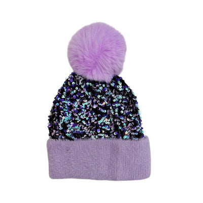 Lola + The Boys Lavender Confetti Sequin Pom Pom Beanies