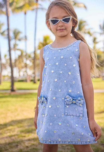 lola-spring Crystal Heart Denim Bow Dress