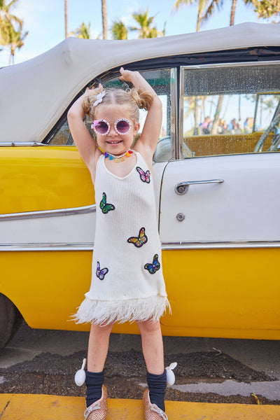 Lola + The Boys Dress Crystal Butterfly Feather Trims Dress