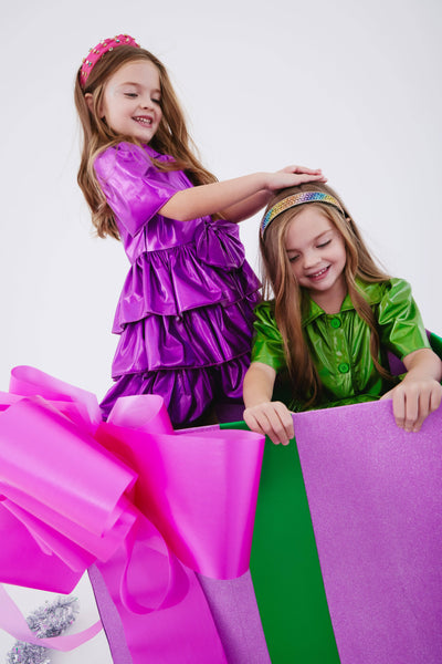 Lola + The Boys Dress Iridescent Emerald Bow Dress