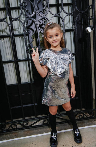 exclude-new-arriv Dress Sparkling Silver Sequin Bow Dress