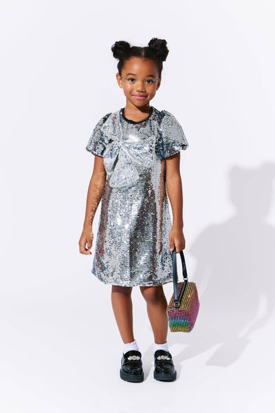 exclude-new-arriv Dress Sparkling Silver Sequin Bow Dress