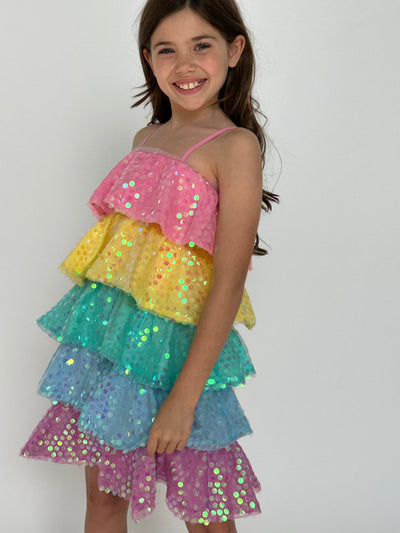 Lola & The Boys Dresses Rainbow Sequin Ruffle Dress