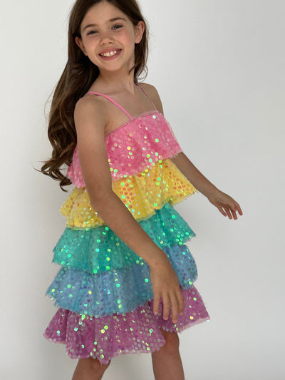 Lola & The Boys Dresses Rainbow Sequin Ruffle Dress