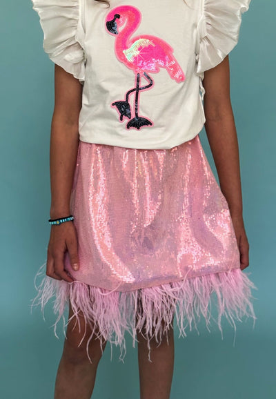 Lola + The Boys Feather Trims Pink Sequin Skirt