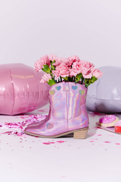 Lola + The Boys Footwear Pink Iridescent Heart Cowgirl Boots