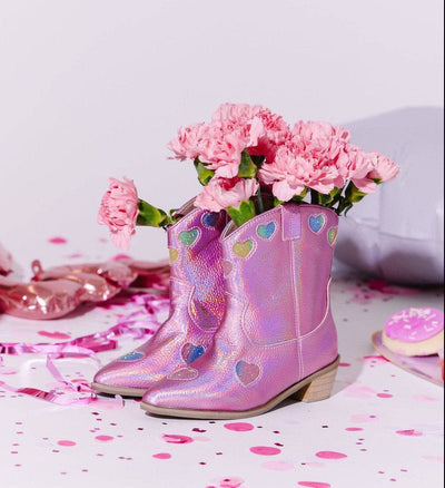 Lola + The Boys Footwear Pink Iridescent Heart Cowgirl Boots