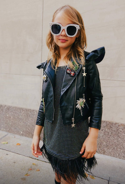 Lola + The Boys Jacket Crystal Patch Ruffle Vegan Leather Jacket