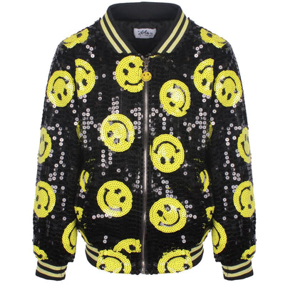 Lola + The Boys JACKET Don't Worry Be Happy Black Sequin Bomber