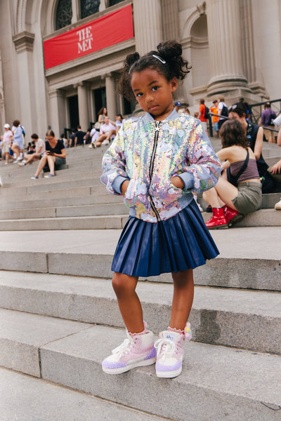 Lola + The Boys Outerwear Happy Daisy Rainbow Sequin Bomber