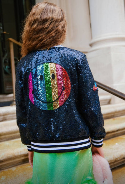 exclude-new-arriv Outerwear Navy Rainbow Emoji Sequin Bomber