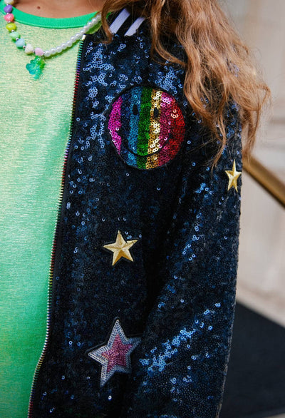 exclude-new-arriv Outerwear Navy Rainbow Emoji Sequin Bomber