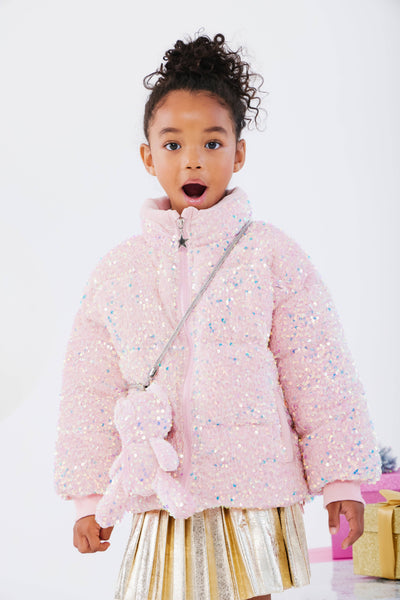 Lola + The Boys Outerwear Pink Sequin Puffer Coat With Bear Purse