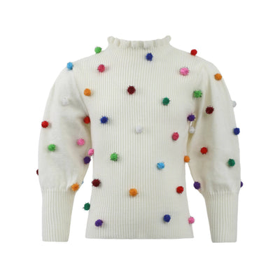 Lola + The Boys Rainbow Pompom Puff Sweater