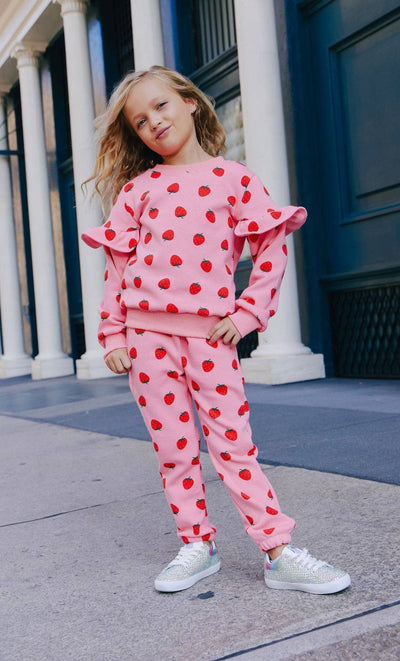 Lola + The Boys Sets Strawberry Ruffle Joggers Set