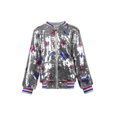 Lola + The Boys Silver Sequin Star Bomber