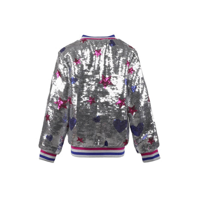 Lola + The Boys Silver Sequin Star Bomber