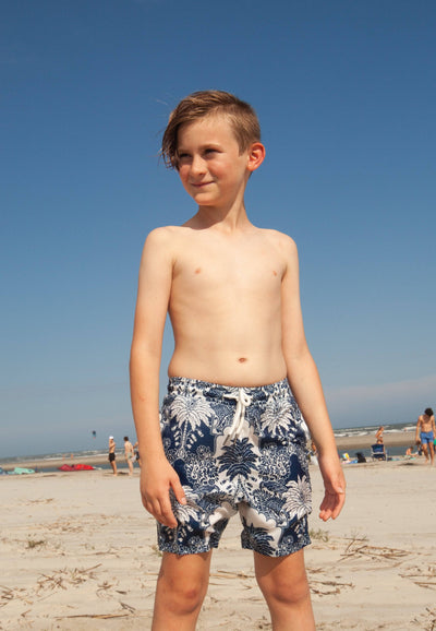 Lola + The Boys Swim Shorts Boys Blue Palm Print