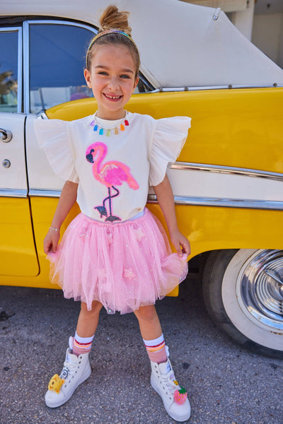 Lola + The Boys Tops Beaded Flamingo Ruffle T-shirt