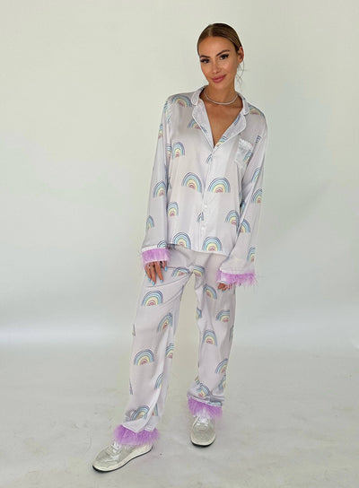 Lola + The Boys Women's Rainbow Feather Silky Pajamas