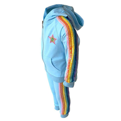 Lola + The Boys Baby blue rainbow sequin joggers set