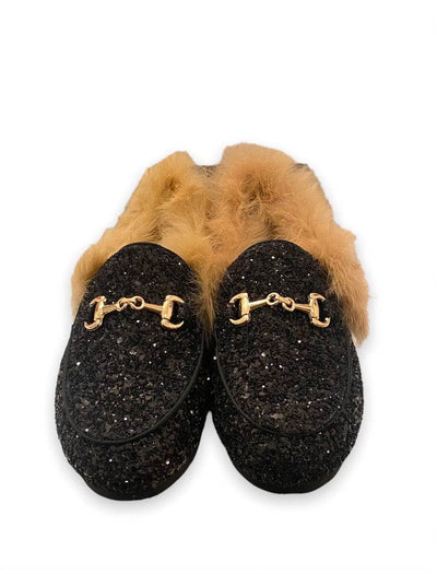 Lola + The Boys Black crystal fur loafers