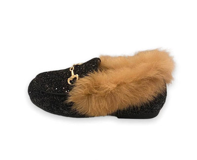 Lola + The Boys Black crystal fur loafers