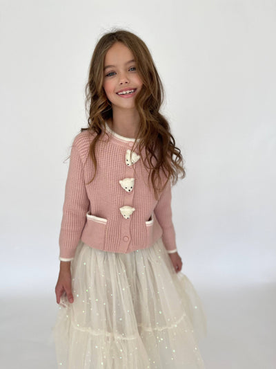 Lola + The Boys Button-Ups 3 Bear Pink Knit Cardigan