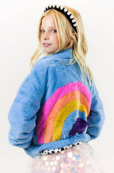 Lola + The Boys coat Rainbow Faux Fur Coat Baby Blue