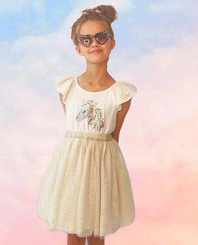 Lola + The Boys Dress Gold and White Unicorn Ruffle Sleeve Dress