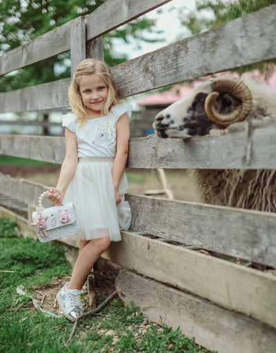 Lola + The Boys Dress Gold and White Unicorn Ruffle Sleeve Dress