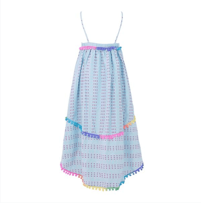 Lola + The Boys Dress St Barths blue  rainbow Pom Pom High Low Dress