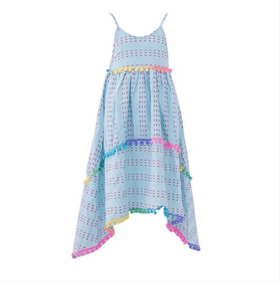 Lola + The Boys Dress St Barths blue  rainbow Pom Pom High Low Dress