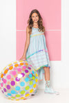 Lola + The Boys Dress St Barths blue  rainbow Pom Pom High Low Dress