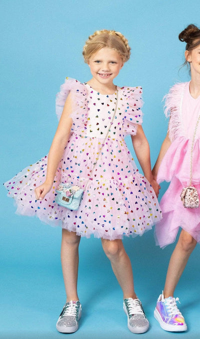 Lola + The Boys Foil Rainbow Hearts Tulle Dress