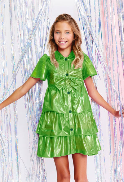 Lola + The Boys Iridescent Emerald Bow Dress (Pre Order Ships 12/15)