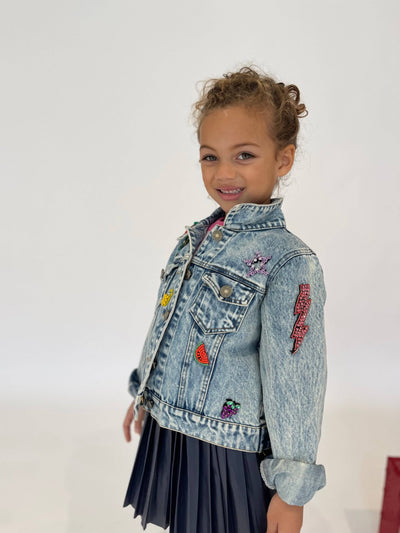 Lola + The Boys Jackets & Bombers Beaded Crystal Fruit Crop Denim Jacket