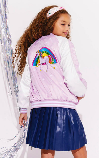 Lola + The Boys Lavender Unicorn Stars Satin Bomber