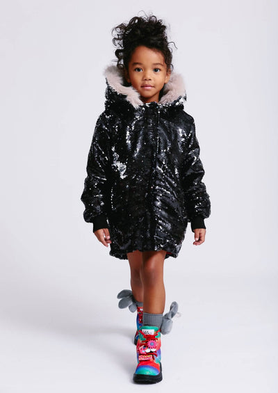 Lola & The Boys Parkas & Furs Sequin Faux Fur Parka