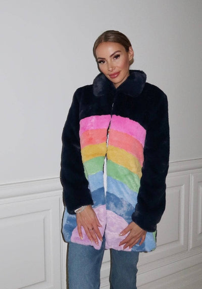 Lola + The Boys Parkas & Furs Womens Rainbow Faux Fur Midi Coat