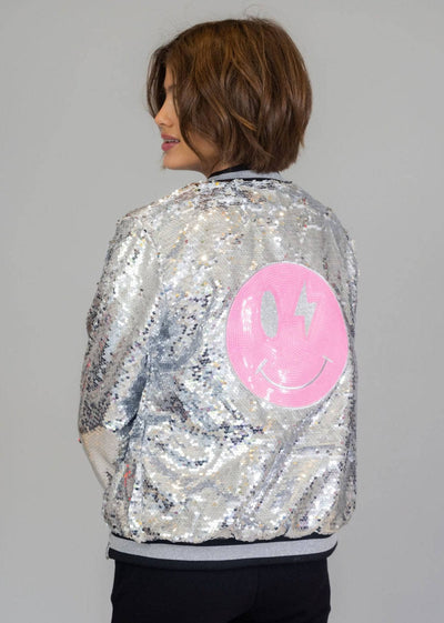 Lola + The Boys Pink emoji sequin bomber