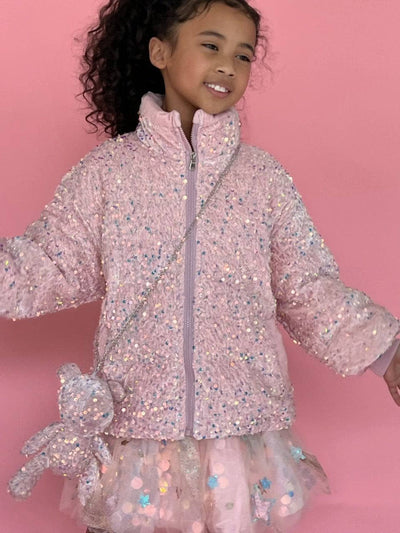 Lola + The Boys Pink sequin puffer coat with bunny purse