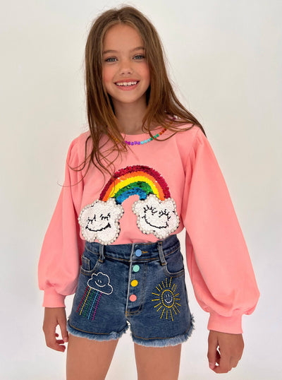 Lola + The Boys Puff sleeve happy rainbow sweatshirt