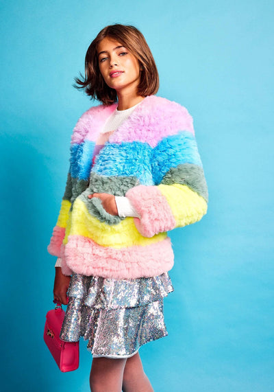 Lola + The Boys Rainbow Candy Striped Fur Jacket