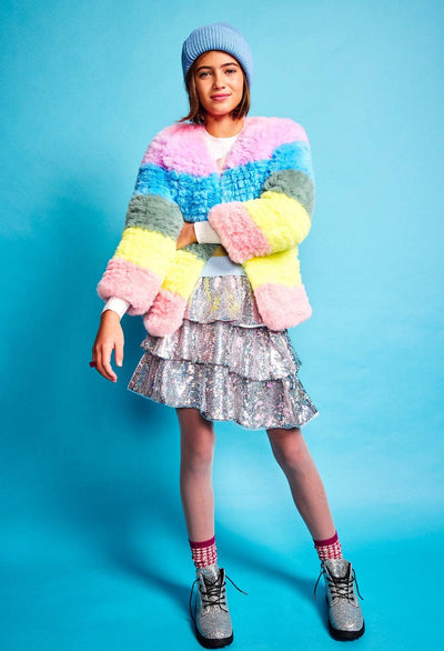 Lola + The Boys Rainbow Candy Striped Fur Jacket