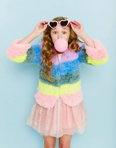 Lola + The Boys Rainbow Candy Striped Fur Jacket