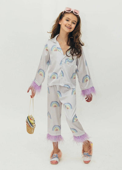 Lola + The Boys Rainbow Feather Trims Silky Pajamas